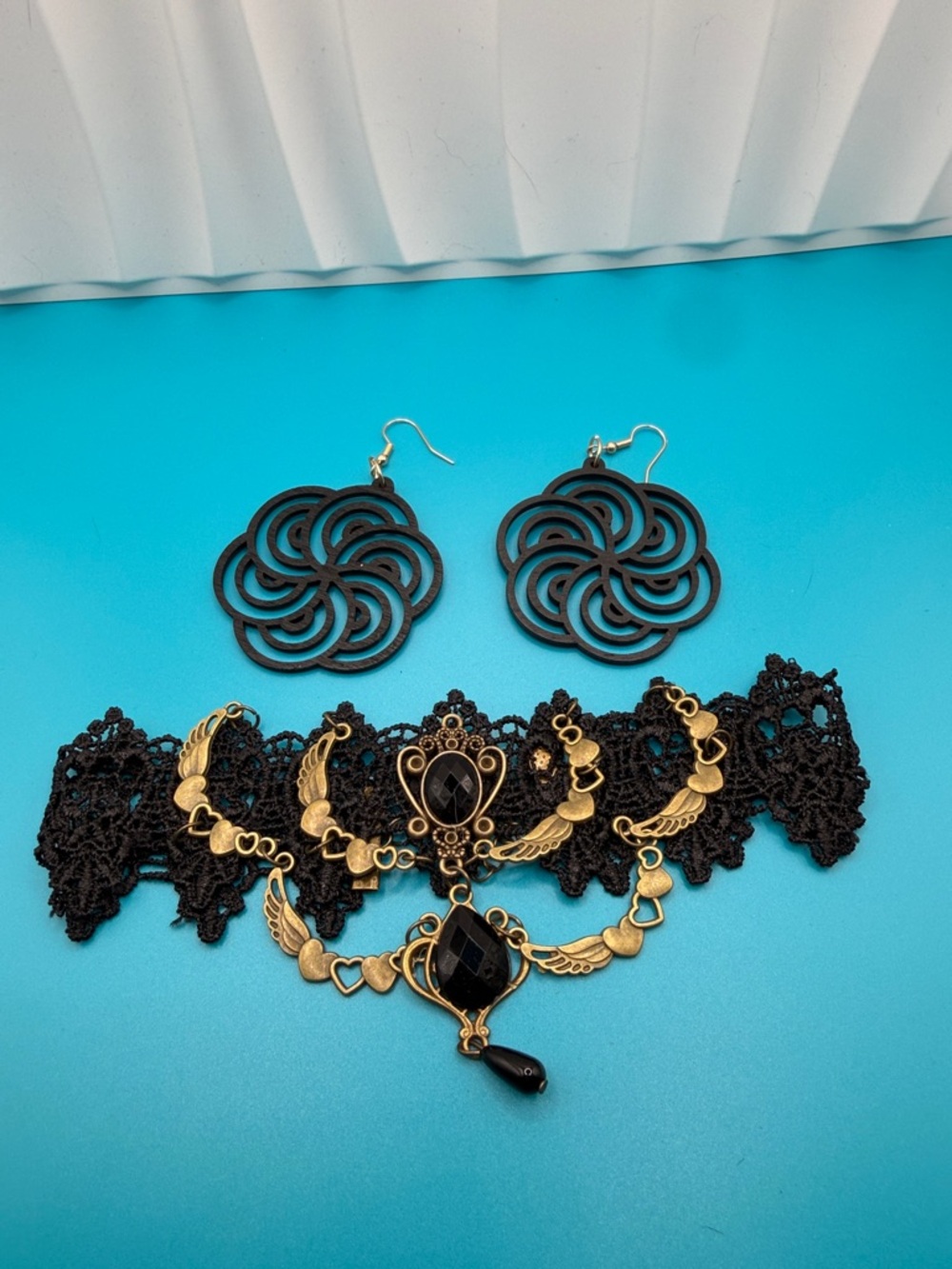 Black Lace Choker with Gold Accents and Black Swirl Earrings